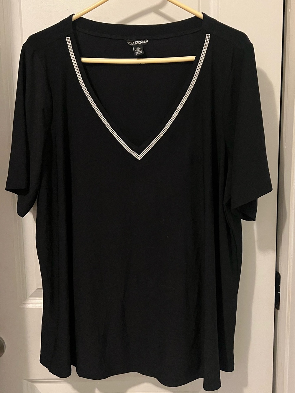 Nina Leonard Black V-Neck Short Sleeve Top with Rhinestone Trim